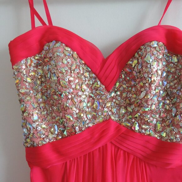 LA FEMME 18733 Beaded Bodice Chiffon Strapless Maxi Prom Dress Watermelon 4 NWT - Picture 3 of 16